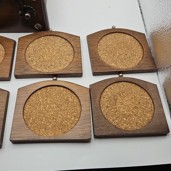Vintage Mid-Century Modern Wooden Coaster Set of 8 with Holder Bronze Handle - Picture 8 of 16